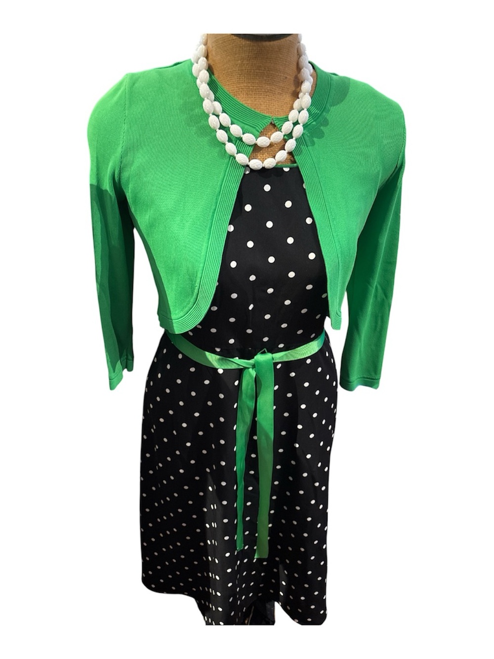 Studio One Black & White Polka Dot Midi Dress with Green Bolero